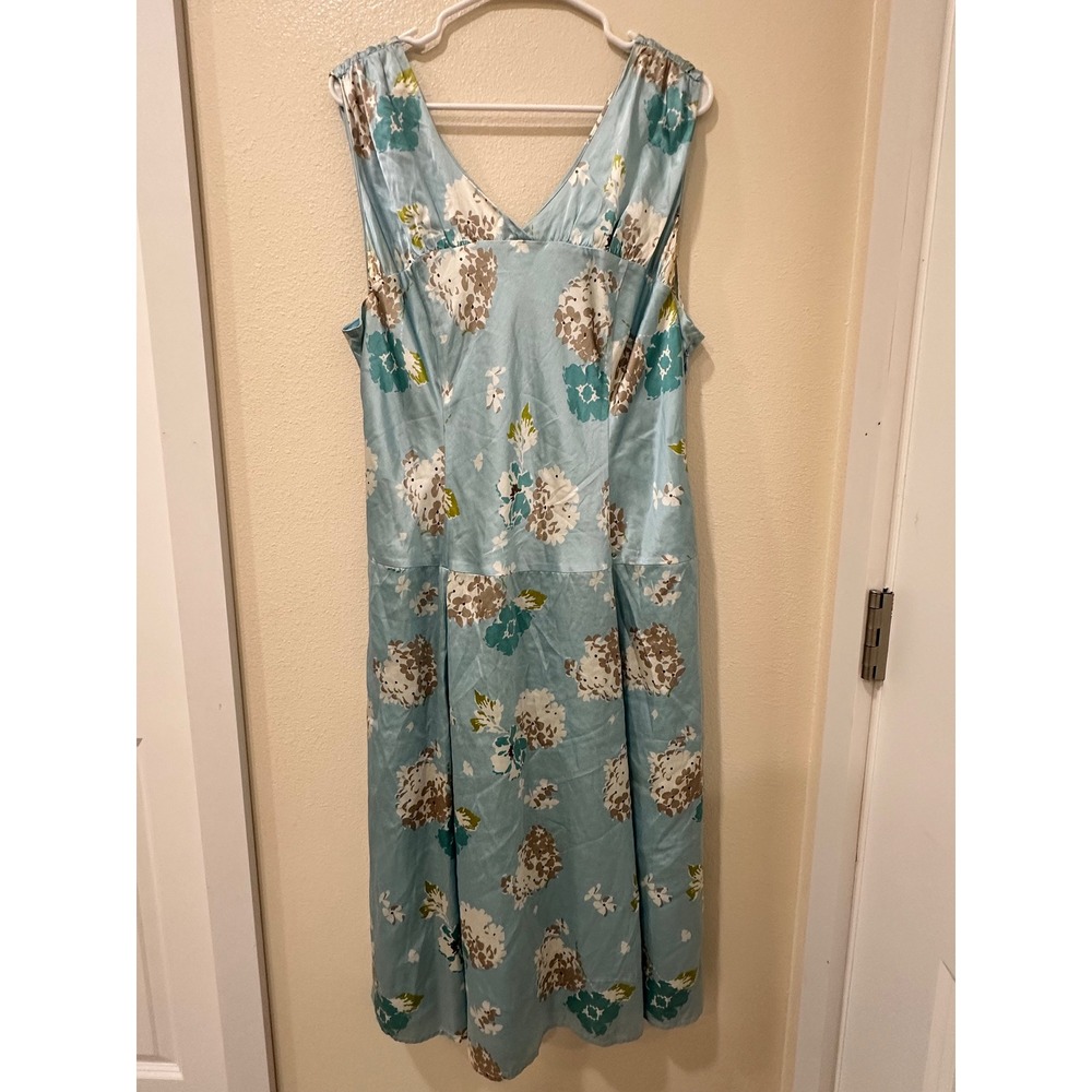 Y2K Pendleton Silk Cotton Floral Midi Dress Blue Hydrangea V-Neck Sleeveless 18